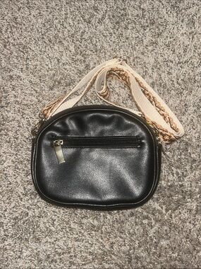 Black Crossbody Bag with Cream Woven Strap